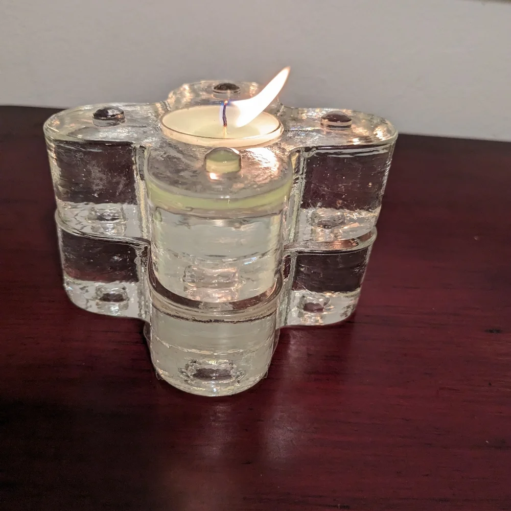 Pier One Candlestick Holders Light Pair Heavy Glass Vintage 90s Stacked Clear